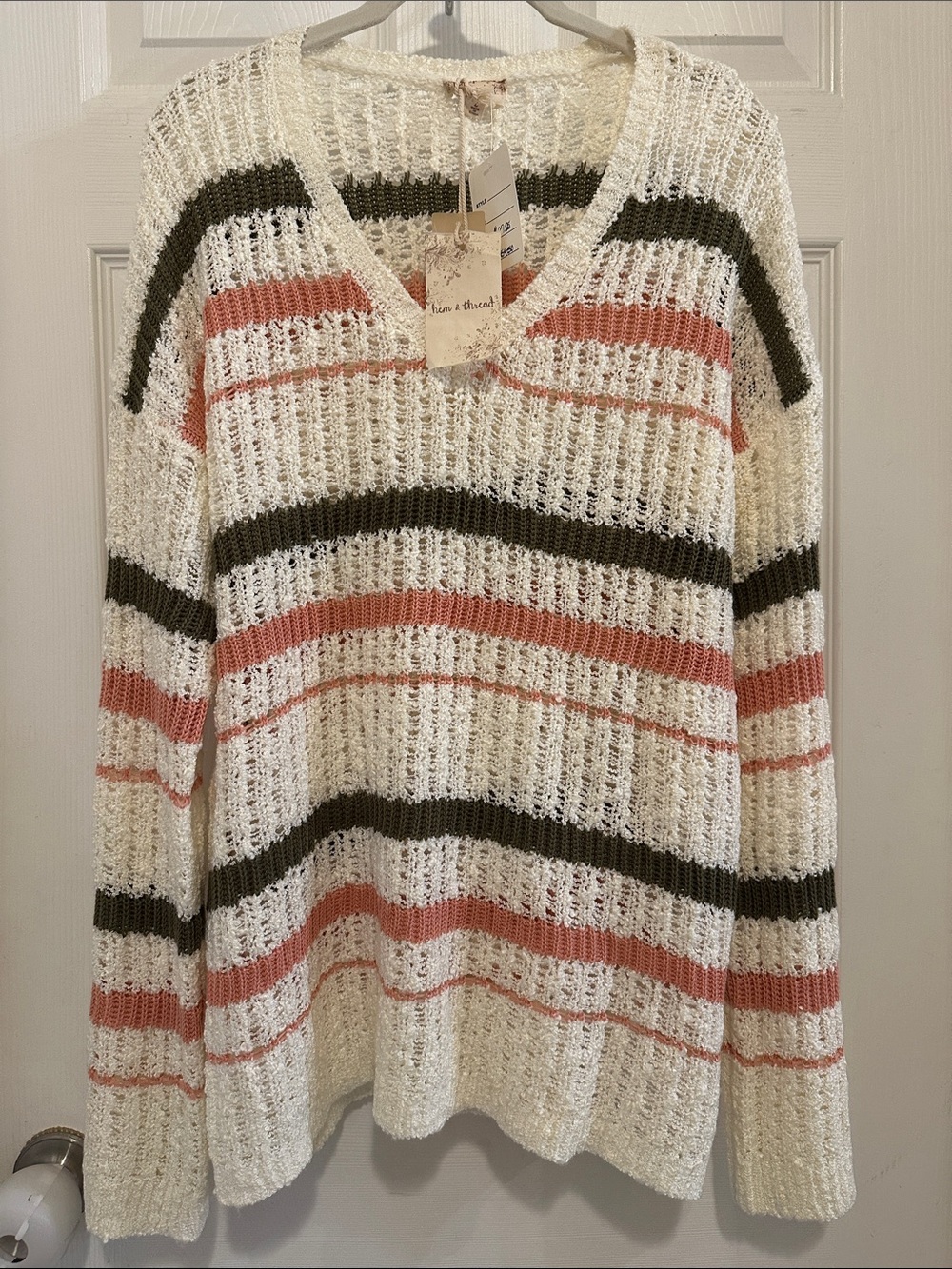 Hem & Thread Striped V-Neck Sweater in Cream, Olive & Dusty Rose
